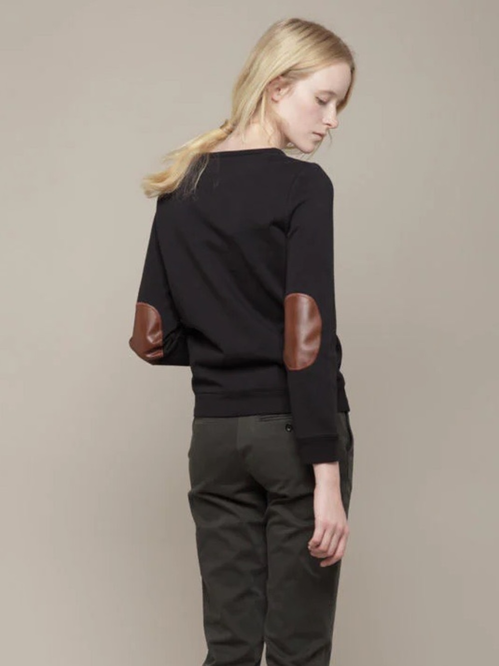 A.P.C. Black Sweatshirt Brown Elbow Patch Crewneck Pullover Size S